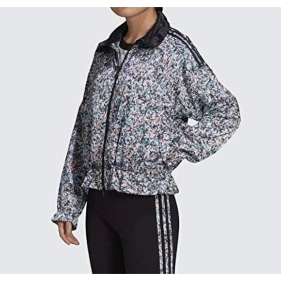 ADIDAS Womens Trefoil Floral Track Jacket‎ Full Zip Size M Black White Pink Blue - Picture 2 of 11